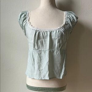 Social Scene tiny plaid light green size small lace trimmed scoop neck shirt